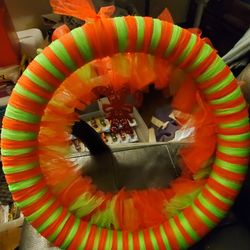 Red And Green Tulle Wreath With Candy Cane