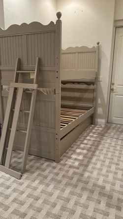 Solid Wood Bunk Bed with Under-Bed Storage Drawers & Ladder - Light Gray / Taupe