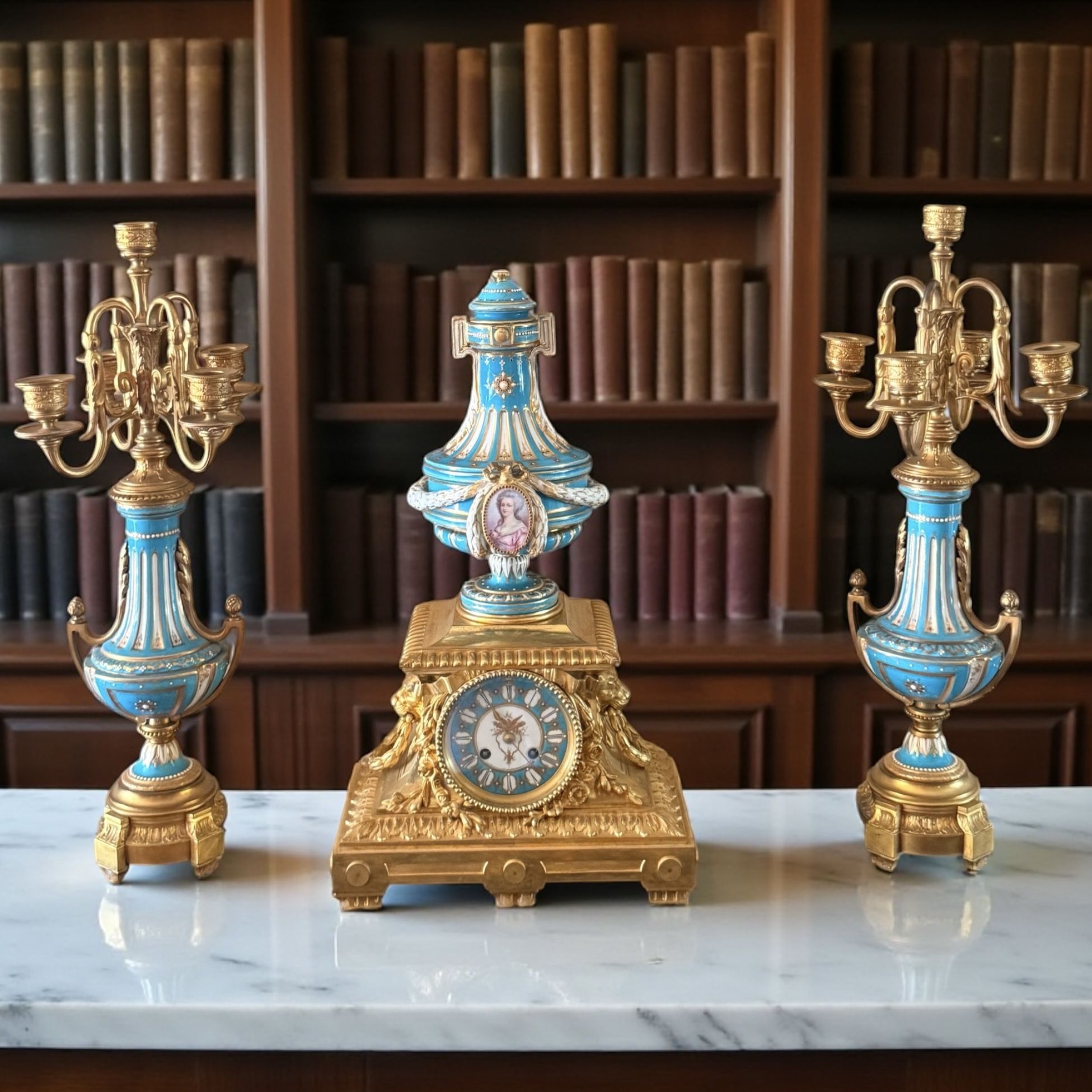 French Sevres Porcelain Gilt Bronze Turquoise Mantle Clock Candelabra Set