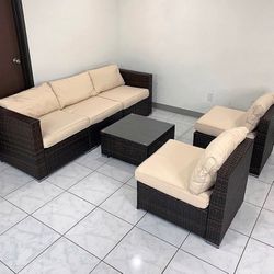 (NEW) $395 (6-Piece) Patio Furniture Set Outdoor Sectional Set Wicker Rattan Sofa Chair Set w/ Cushion, Glass Table
