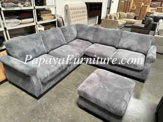 Dark Grey Fabric Sectional Sofa and Ottoman Set Modern Classic BIG Couch SALE We Beat Bobs Discount Furniture Warehouse Closeout Beige Black Gray