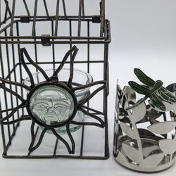 GLASS SUN w/ face In Metal Cage w/ Dragonfly Votive/Tea Light Holders Patio Set.
