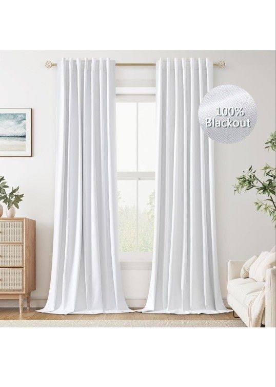 Guken White Linen Blackout Curtains 108 Inch Length 2 Panels Set for Living Room Bedroom Back Tab Thermal Insulated 100% Black Out Linen Drapes Room D