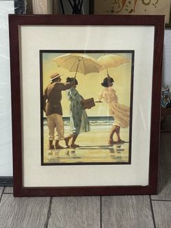Framed Beach Scene Print - Figures with Umbrellas on Wet Sand - Signed - Coastal Wall Art
