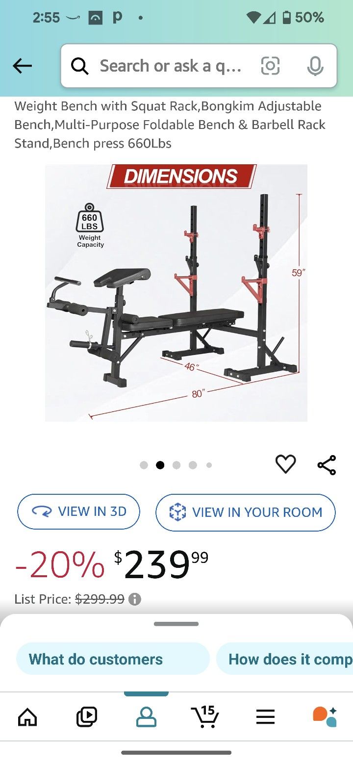 Weight Bench with Squat Rack,Bongkim Adjustable Bench,Multi-Purpose Foldable Bench & Barbell Rack Stand,Bench press 660Lb