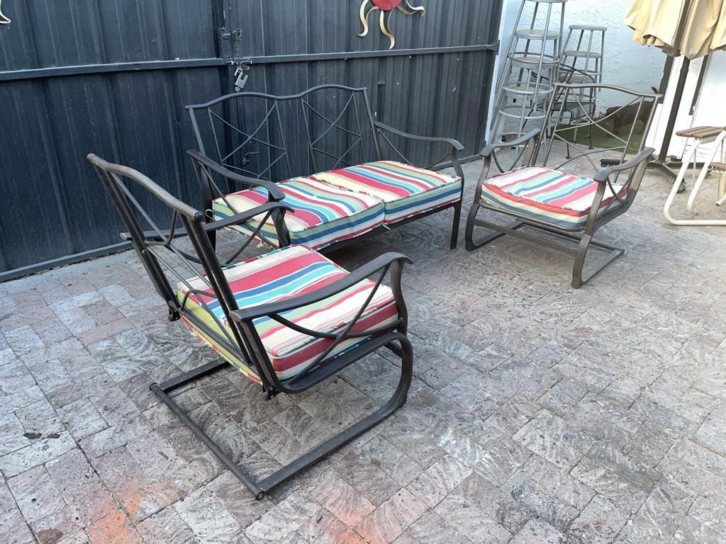 Metal/Fabric Seat Bench w/ 2 Metal/Fabric Seat Chairs & Cushions