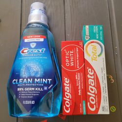 Crest Pro-Health Mouthwash (1L 33.8fl oz), Colgate Total Mint Fresh (5.1oz), & Colgate Optic White (4.2oz) For $11/$11 por Los 3