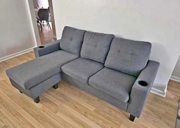 Gray Sectional Sofa with Chaise and Cup Holders
