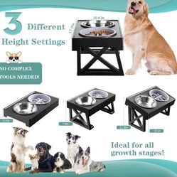 Elevated Dog Bowls, 3 Adjustable Heights Raised Pet Stand with Slow Feeder 2 Stainless Steel Food & Water Bowls for Large Dogs 