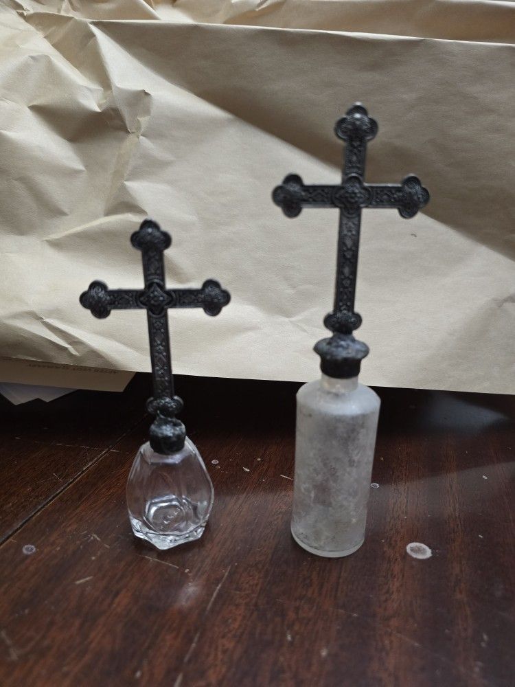 Vintage / Antique Glass Bottles With Cross Tops