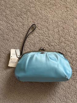 Coach Satin Metallic Silver Leather Frame Kisslock Clutch Wristlet
