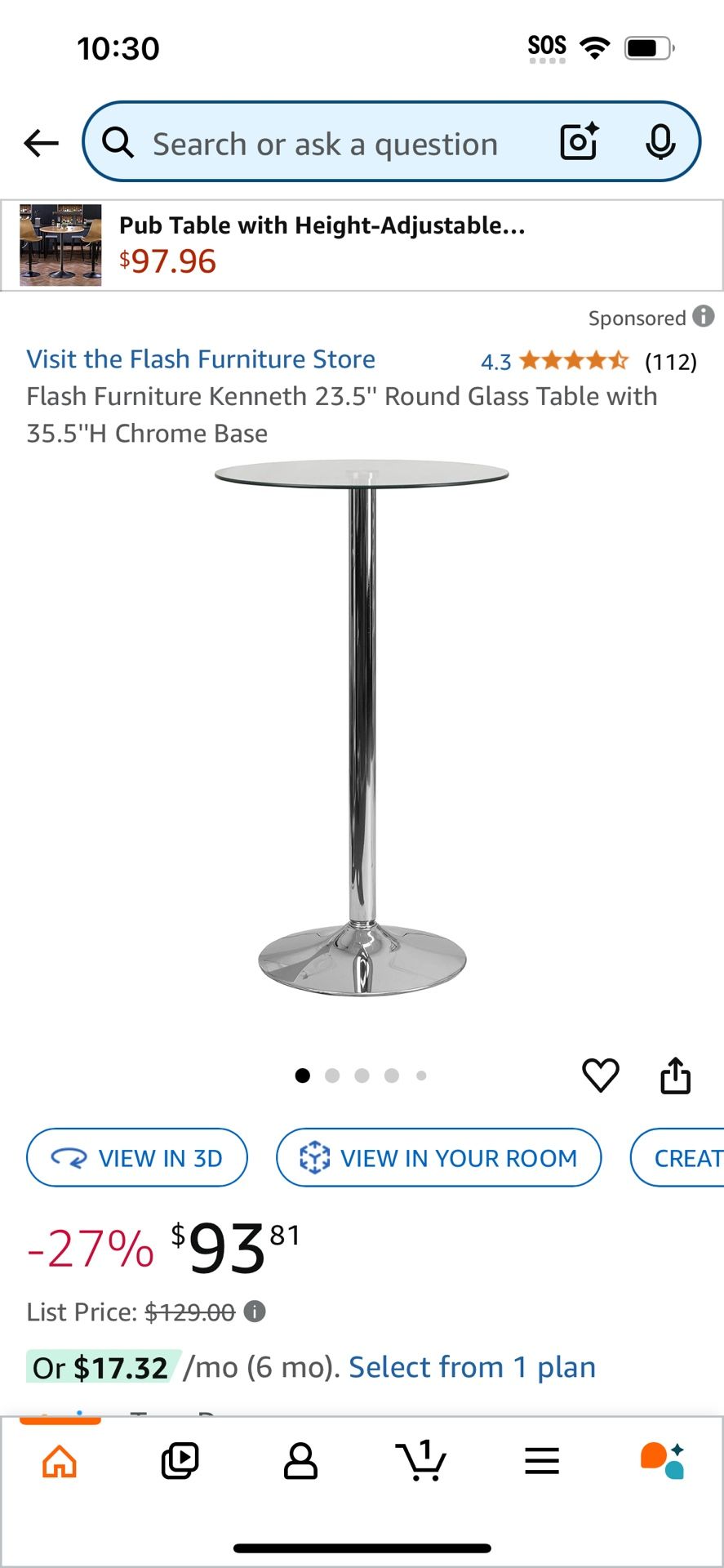 Flash Furniture Kenneth 23.5'' Round Glass Table with 35.5''H Chrome Base