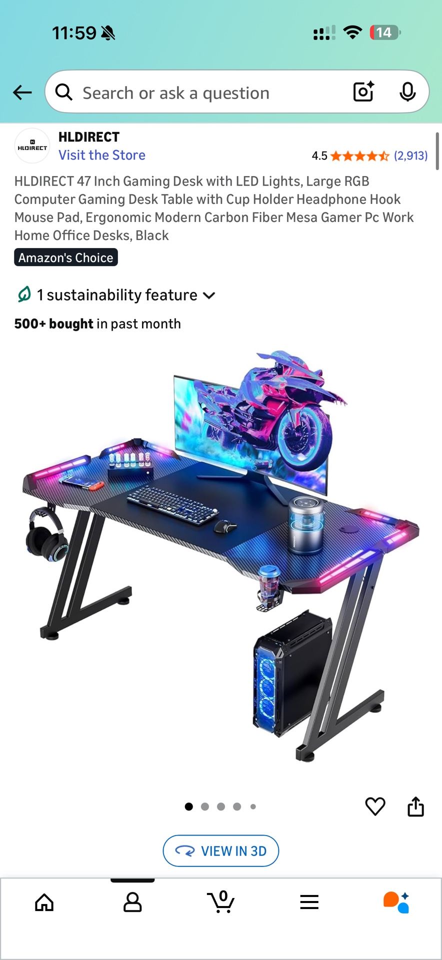 HLDIRECT 47 Inch Gaming Desk with LED Lights, Large RGB Computer Gaming Desk Table with Cup Holder Headphone Hook Mouse Pad, Ergonomic Modern Carbon F