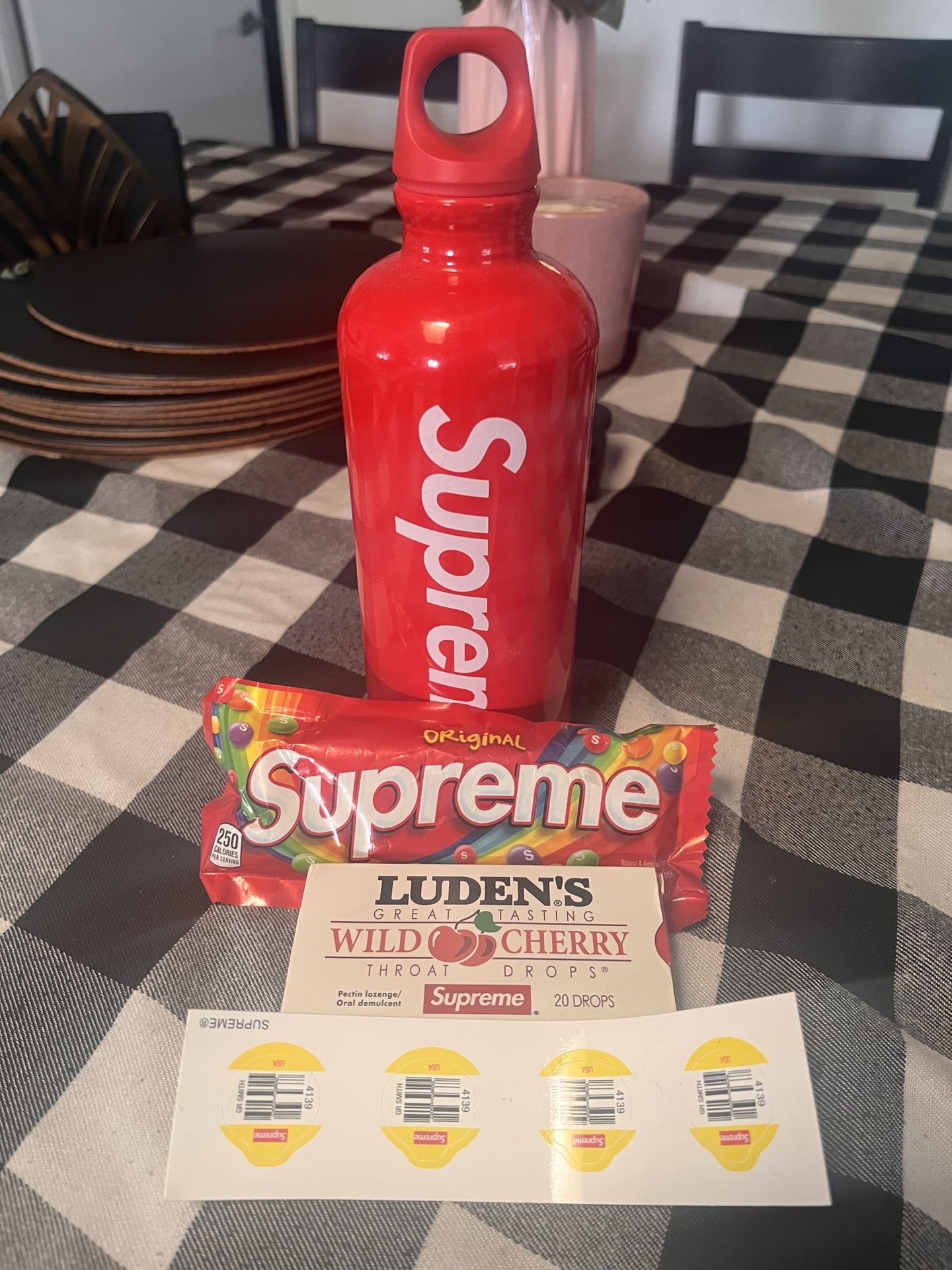 Supreme Water Bottle, Skittles, Lundens And Fruit Stickers 