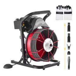 61#Drain Cleaner Machine 75FT x 3/8 Inch, Sewer Snake Auger Manual Feed, 250W Electric Drain Cleaning Machine with 4 Cutters & Air-activated Foot Swit