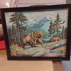 Vintage framed Paint by Numbers Bear in the Woods