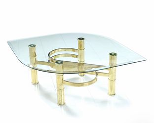 Vintage  Postmodern 1980s Brass Coffee Table with Leaf Shaped Glass