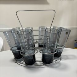 Vintage Smoked Glass Highball Barware Set with Chrome Carrier Mid Century Modern Style