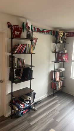 2-Piece Tall Narrow 6-Shelf Leaning Bookcase, Dark Wood, Black Metal Frame