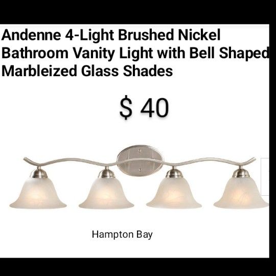 Brand New Hampton Bay Arden 4 Light Bushed Nickel vanity Light With Bell Shaped Glass Shades