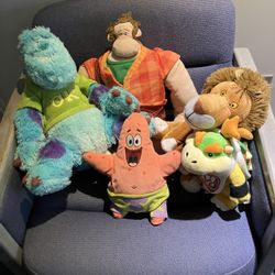 Five Assorted stuffed animals.