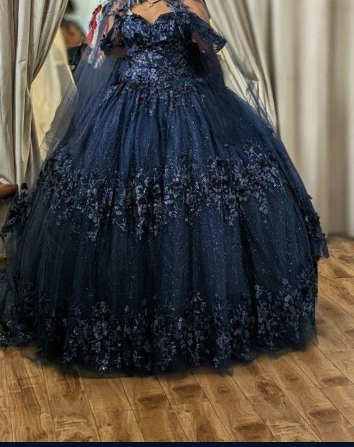 Beautiful Navy Blue Sequin Quinceañera Dress With Flower Applique 