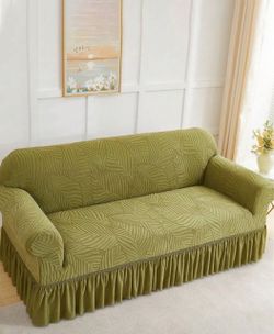 Green Leaf Jacquard Sofa Slipcover with Skirt