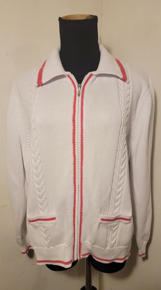 Women's Appleseed's White and Red Cardigan With Pockets Size Petite Large
