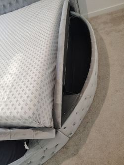 Discounted...LIKE NEW Luxury Gray Velvet Round Storage Queen Bed Frame & Headboard