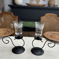 Two Vintage Etched Glass And Black Metal Candle Holders 