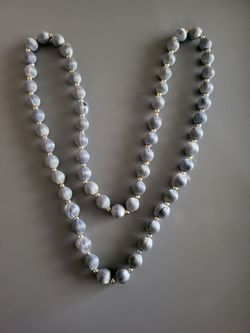 💙 Long Blue Thread-Wrapped Beaded Necklace with Gold-Tone Spacers – Boho Statement Jewelry