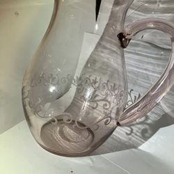Vintage Pink Etched Floral Glass Carafe Pitcher - Elegant Decor