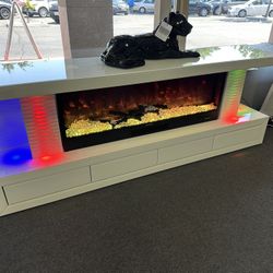 White TV Stand w/ Fireplace & Bluetooth Speakers 