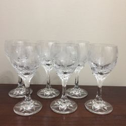 6 Lead Crystal Wine Glasses with etched Flowers.  From West German (before the Iron Curtain came down. 6” tall.  New.  