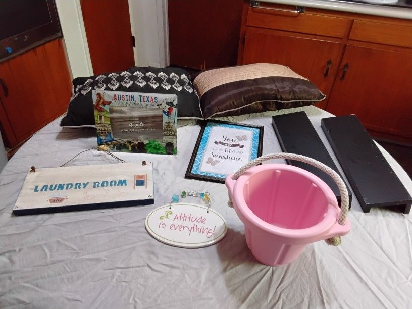 Wall Art, Shelves, Pink Planter Bucket Plus All Pieces For
