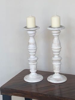 Set of 2 Modern Farmhouse Whitewashed Wood Candle Sticks H114"
