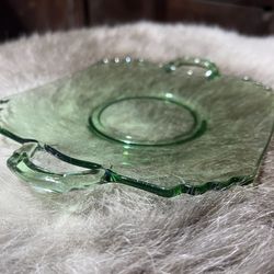 Vintage Vaseline Glass Double Handle Serving Platter