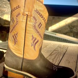 Tan & Dark Brown Square Toe Western Boots 