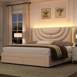  Queen Size LED Bed Frame with 2 Drawer Storage, Wingback Platform Bed with Velvet Upholstered Headboard, Off-White
