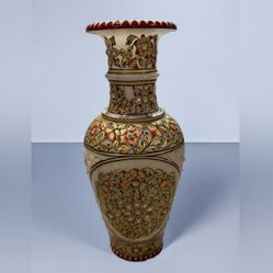 9" Marble Stone Flower Vase Grill Hand Carved Pot Handicraft Meenakari Painted.