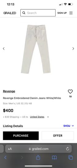 Revenge Embroidered Denim Jeans White/White