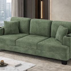 New 83” Sofas for Living Room, Comfy Couch with USB and Type-C Port, 3 Seater Sofa with 2 Pillows and Cup Holders for Apartment, Small Space, Corduroy