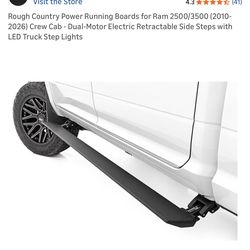 Rough Country Power Running Boards For Ram 2500/3500 Quad Cab (2010-2025) - Dual Motor Retractable Electric Side Steps With LED Lights, Non-Slip Rugge