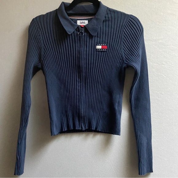 Tommy Hilfiger Badge Zip-Thru Rib-Knit Cropped Cardigan Sz M