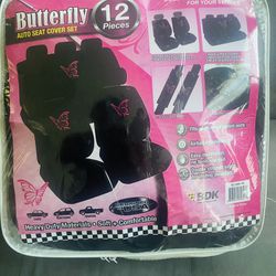 Pink Butterfly Design Car Seat Cover, Floor Mats, Steering Wheel Cover Combo Set 12 Pieces