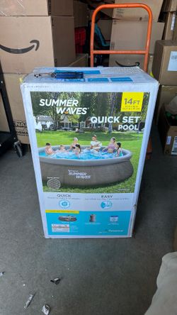 Summer Waves 14 Ft x 36 in Quick Set Above Ground Inflatable Outdoor Swimming Pool with Filter Pump, Ladder, and Filter Cartridge