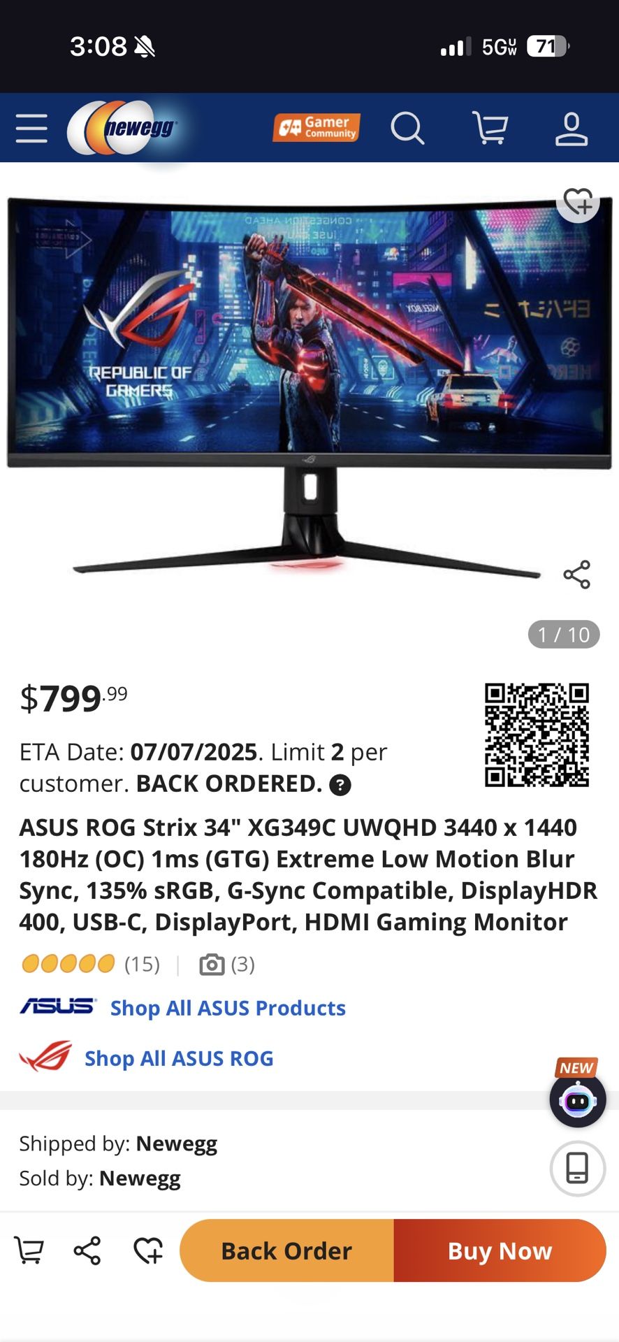ROG Styx XG349c 185hz 34” Ultrawide Curved Gaming Monitor