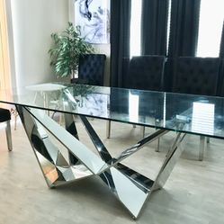 Glass Table Stainless Steel Base - Contemporary Dining Table
