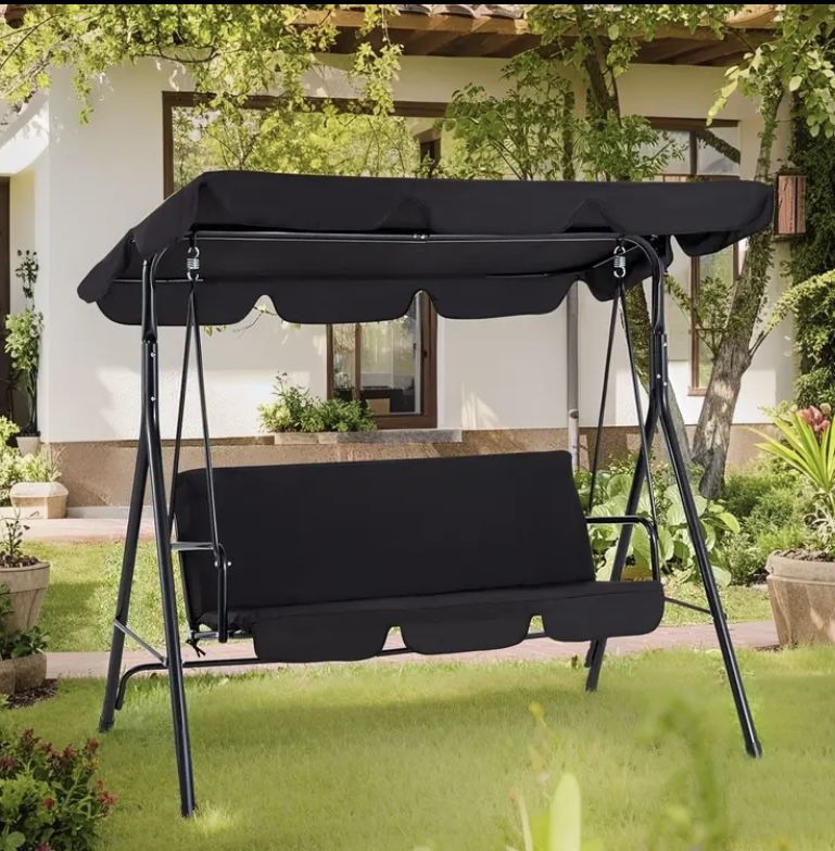 3-Person Outdoor Swing Set with Convertible Canopy - Weather-Resistant Frame, Breathable Mesh Fabric, Ergonomic Backrest, and Adjustable Shade - Perfe