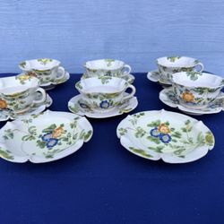 Vintage Hand-Painted Tea Set – Signed – 6 Cups & Saucers + Plates